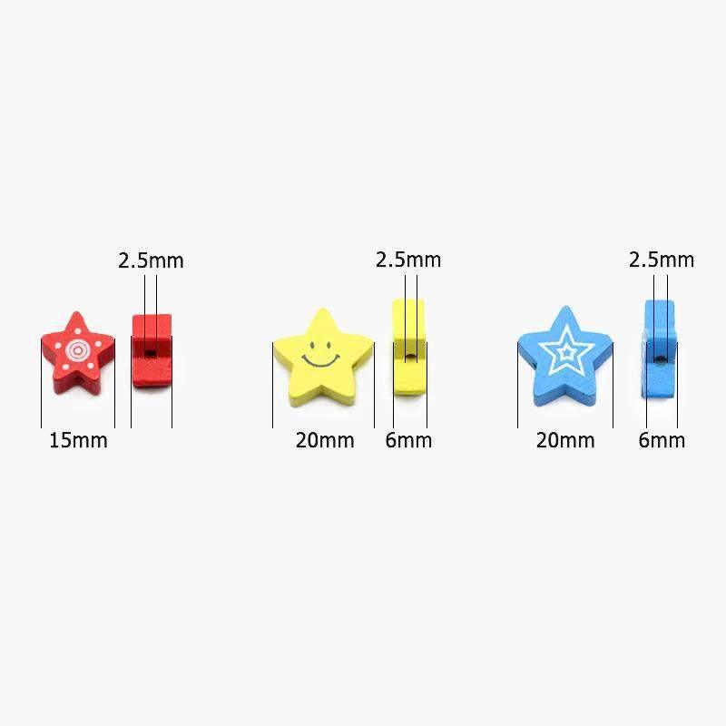 Star Wood beads, Pentagram Five-pointed Mixed Color Wooden Loose Beads 15/20mm 