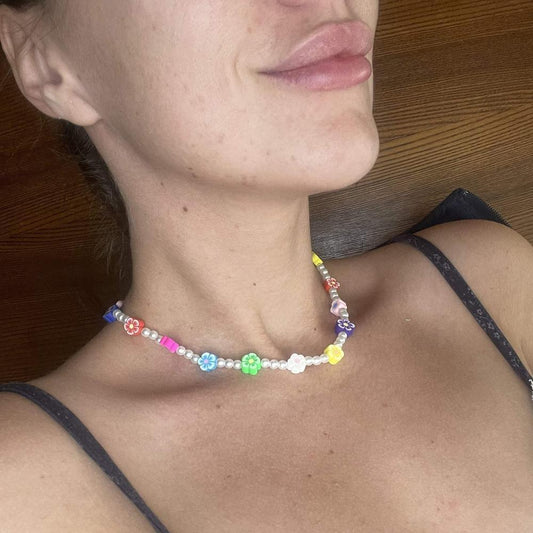 Tiny Colorful Chamomile flowers Pearl Beaded Necklace, Mixed glass seed and clay beads Choker, Indie Boho Trendy Rainbow Summer Necklace 