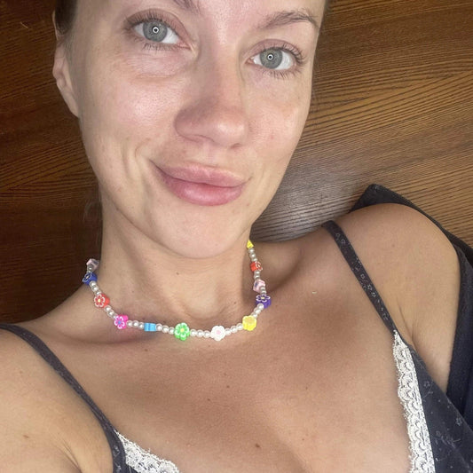 Tiny Colorful Chamomile flowers Pearl Beaded Necklace, Mixed glass seed and clay beads Choker, Indie Boho Trendy Rainbow Summer Necklace 
