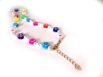 Tiny Colorful Chamomile flowers Pearl Beaded Necklace, Mixed glass seed and clay beads Choker, Indie Boho Trendy Rainbow Summer Necklace 
