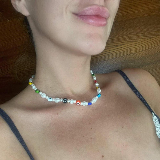 Tiny Colorful Evil Eye Pearl Beaded Necklace, Mixed glass seed and clay beads Choker, Indie Boho Trendy Rainbow Summer Necklace 