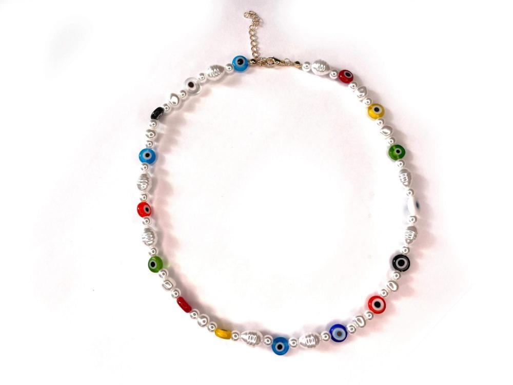 Tiny Colorful Evil Eye Pearl Beaded Necklace, Mixed glass seed and clay beads Choker, Indie Boho Trendy Rainbow Summer Necklace 