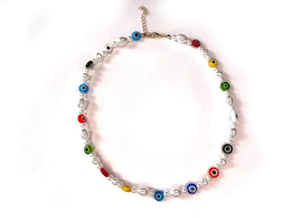 Tiny Colorful Evil Eye Pearl Beaded Necklace, Mixed glass seed and clay beads Choker, Indie Boho Trendy Rainbow Summer Necklace 