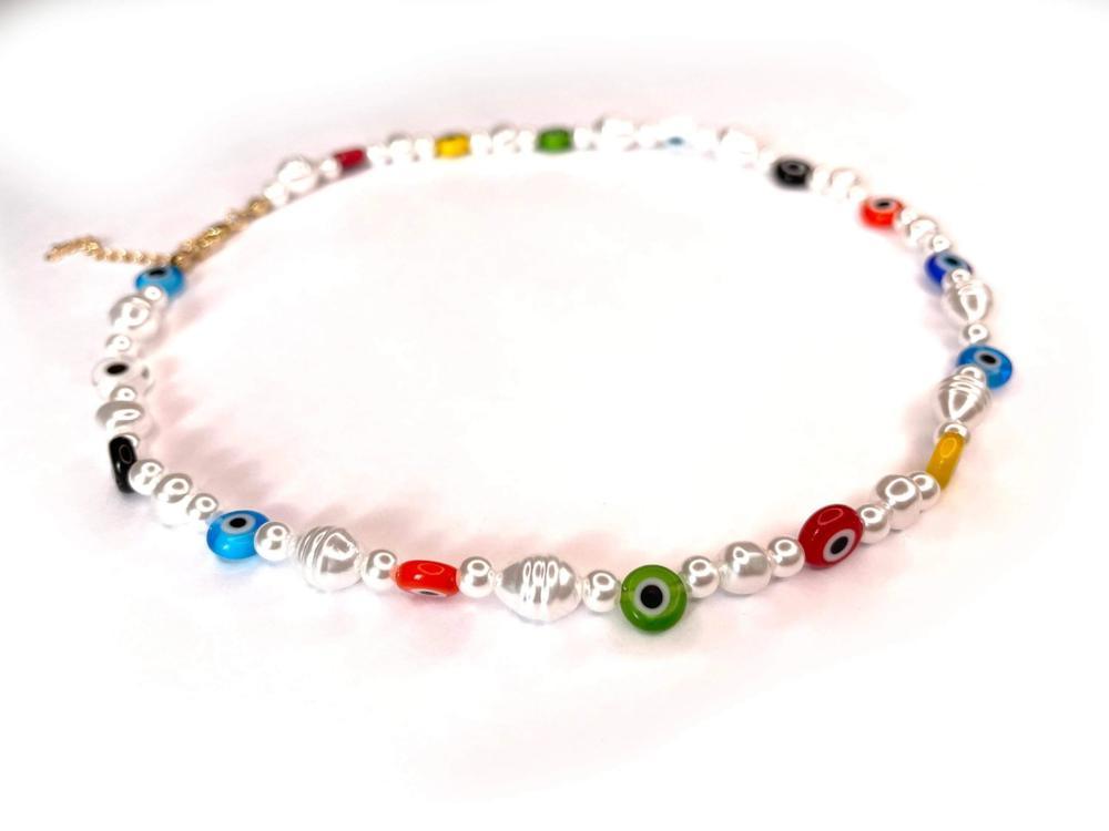 Tiny Colorful Evil Eye Pearl Beaded Necklace, Mixed glass seed and clay beads Choker, Indie Boho Trendy Rainbow Summer Necklace 