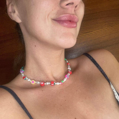 Tiny Colorful Pearl Beaded Necklace, Mixed glass seed and clay fruits beads Choker, Indie Boho Trendy Rainbow Summer Necklace 