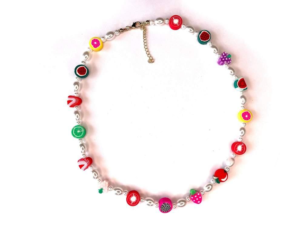 Tiny Colorful Pearl Beaded Necklace, Mixed glass seed and clay fruits beads Choker, Indie Boho Trendy Rainbow Summer Necklace 