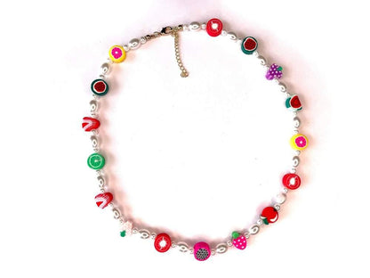 Tiny Colorful Pearl Beaded Necklace, Mixed glass seed and clay fruits beads Choker, Indie Boho Trendy Rainbow Summer Necklace 
