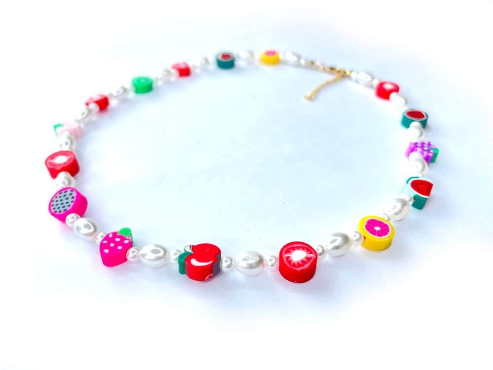 Tiny Colorful Pearl Beaded Necklace, Mixed glass seed and clay fruits beads Choker, Indie Boho Trendy Rainbow Summer Necklace 