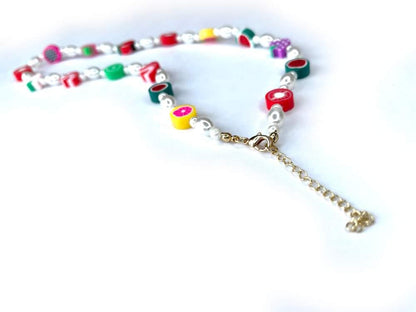 Tiny Colorful Pearl Beaded Necklace, Mixed glass seed and clay fruits beads Choker, Indie Boho Trendy Rainbow Summer Necklace 