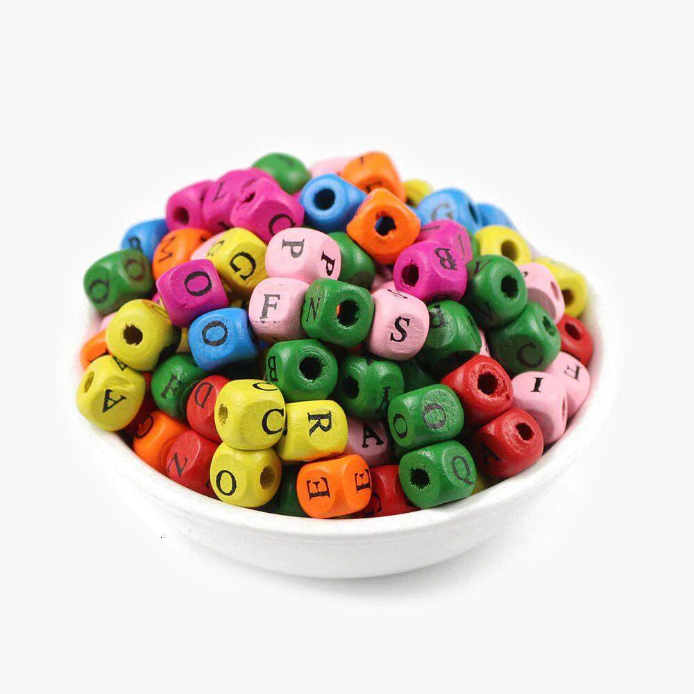 Wood Mixed Albhabet Letter beads, Square Dyed Natural Wood Loose Beads, Jewelry Findings 100pcs 8/10mm 